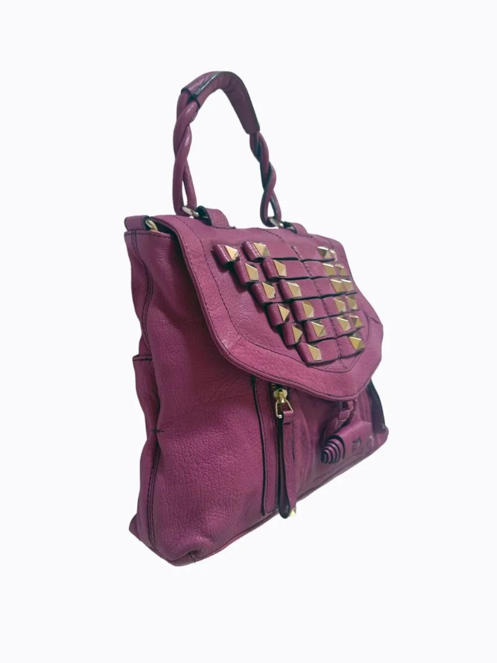 Vtg Hype Leather Satchel Bag Magenta Fuchsia Studded Y2K Biker Moto Purse 00s